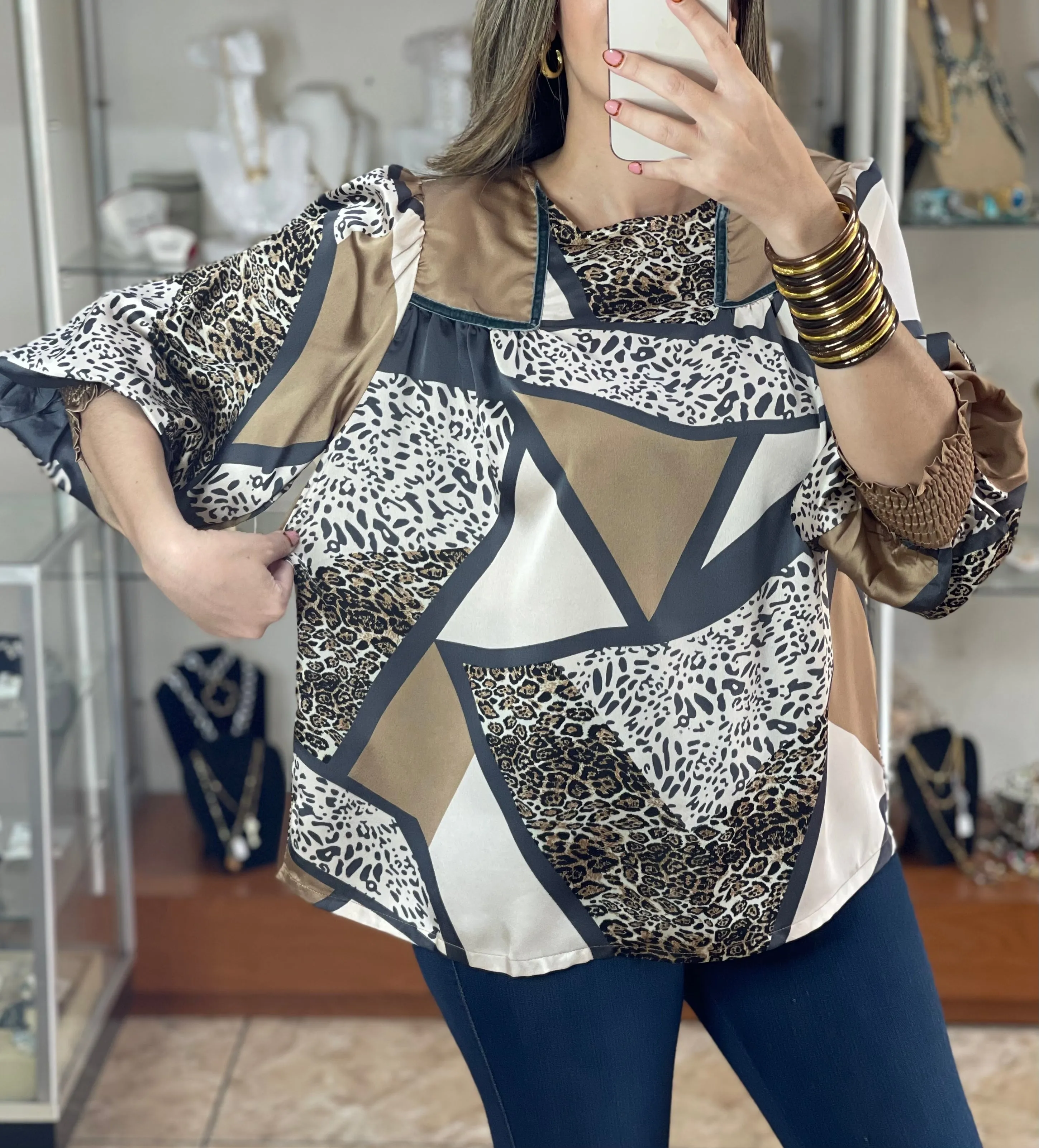 Animal Print Mix Satin Top