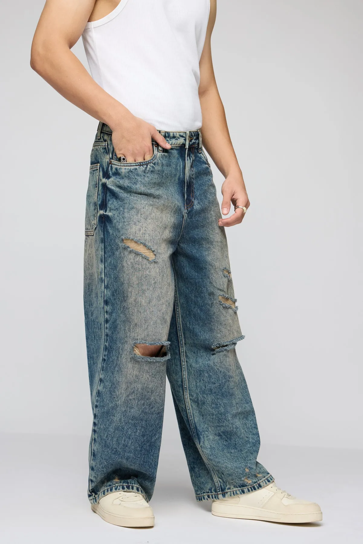 Mid Blue Mayhem Ripped Men's Wide Leg Jeans