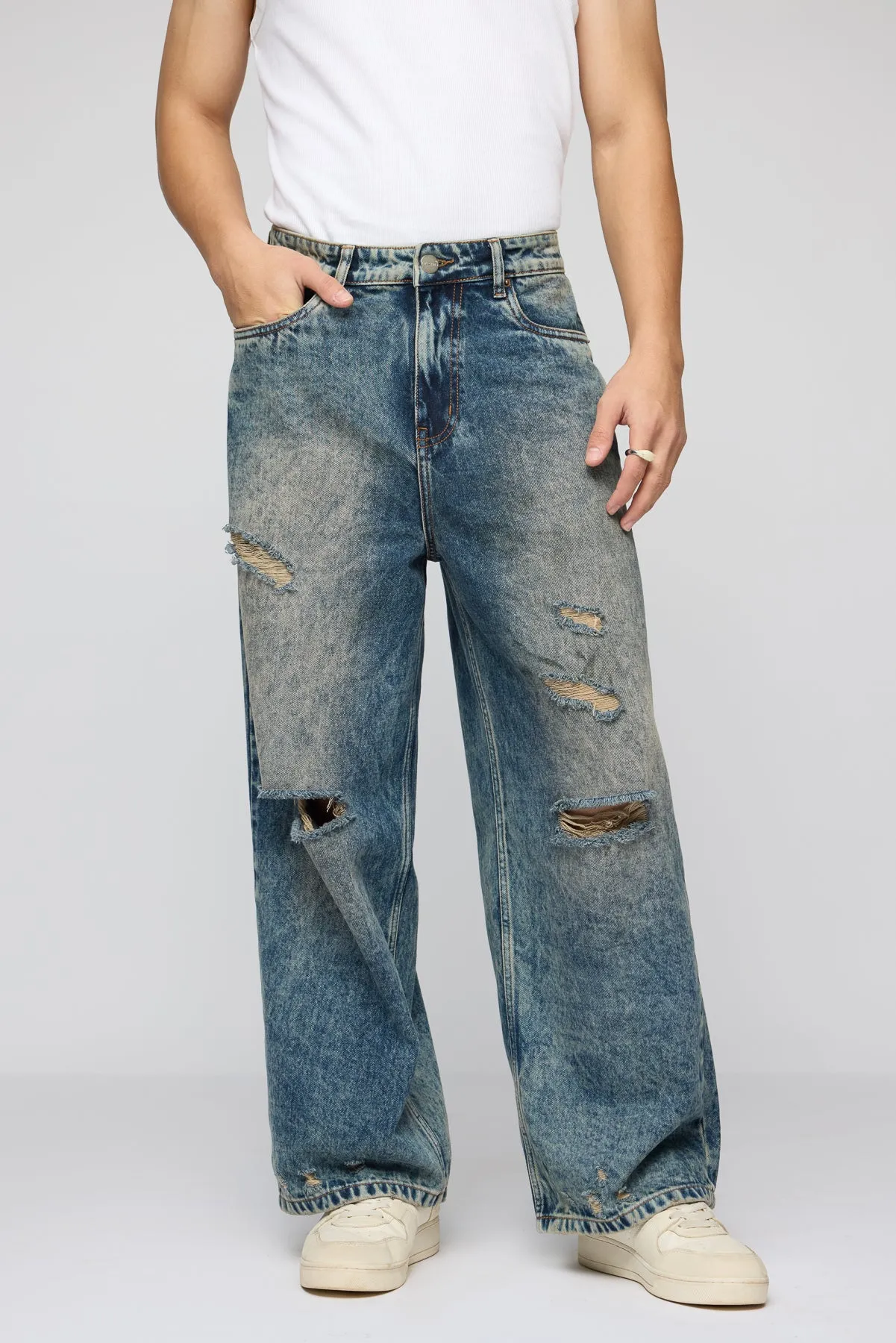 Mid Blue Mayhem Ripped Men's Wide Leg Jeans