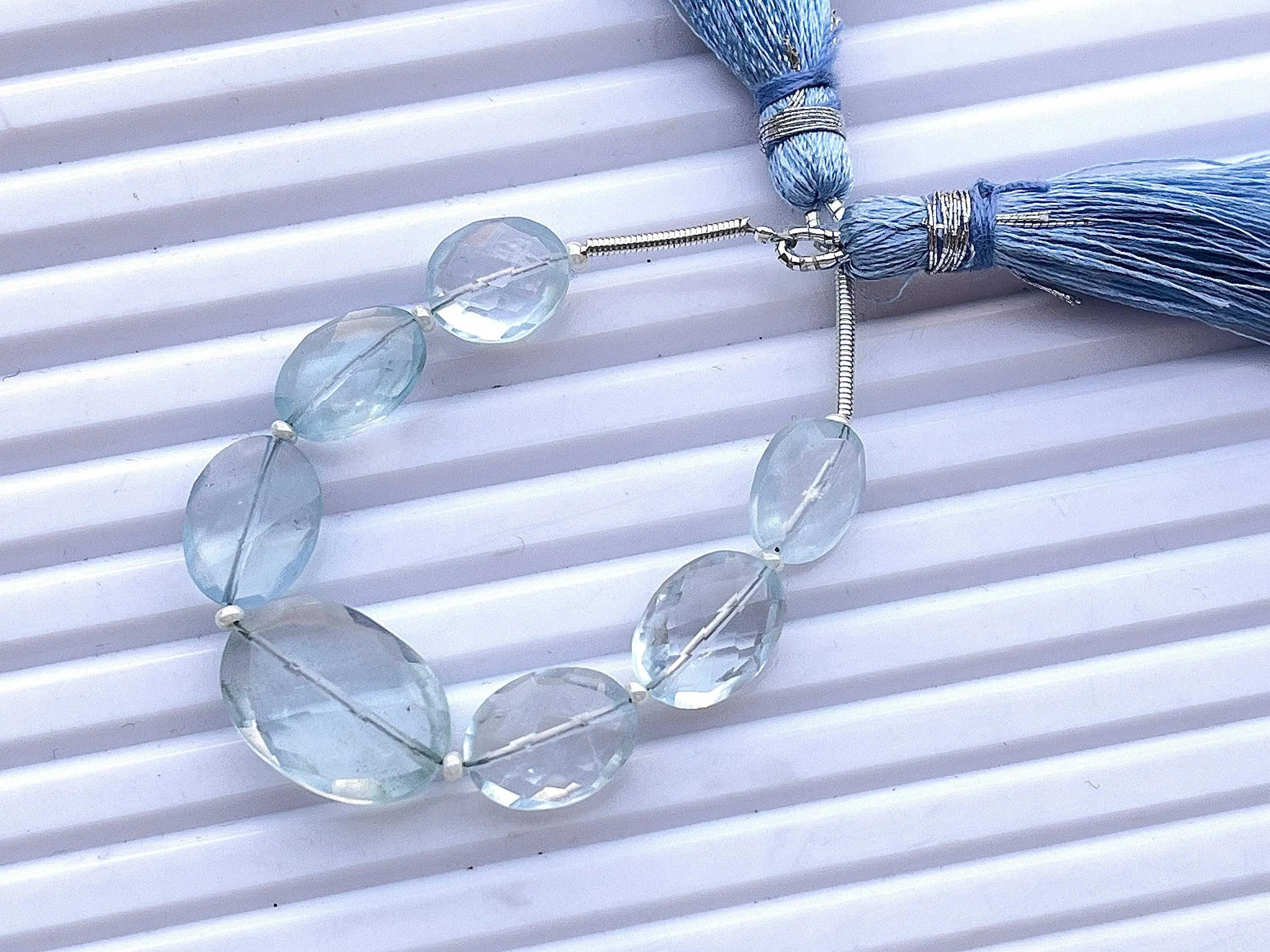 Natural Aquamarine Oval Shape faceted beads,  7 Pieces